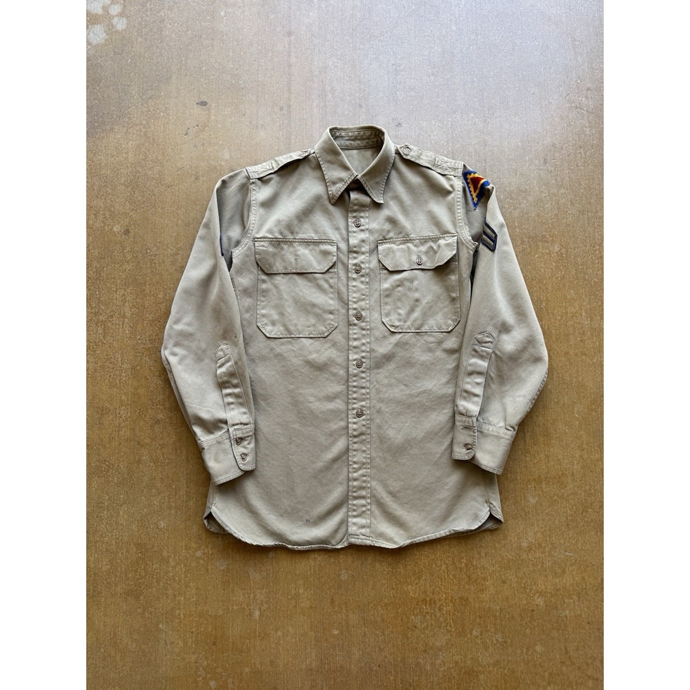 VTG 50s WW2 Korean War Cotton Army Twill Button Up Military Shirt Mens S Khaki